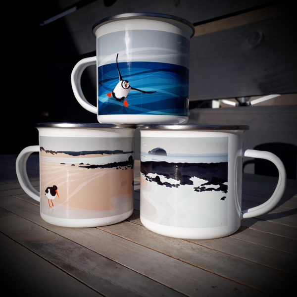 Helen Wyllie enamel camping mug: bass rock puffin and tyninghame beach