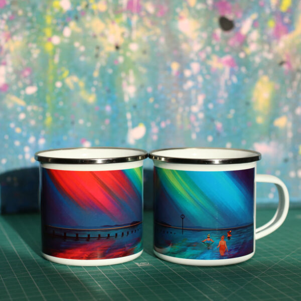 Aurora swim, portobello enamel mug by helen wyllie