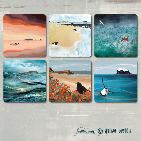 Helen Wyllie coaster set - East Lothian sea