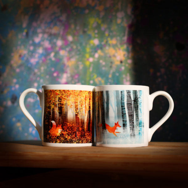 foxes in birch trees china mug by helen wyllie