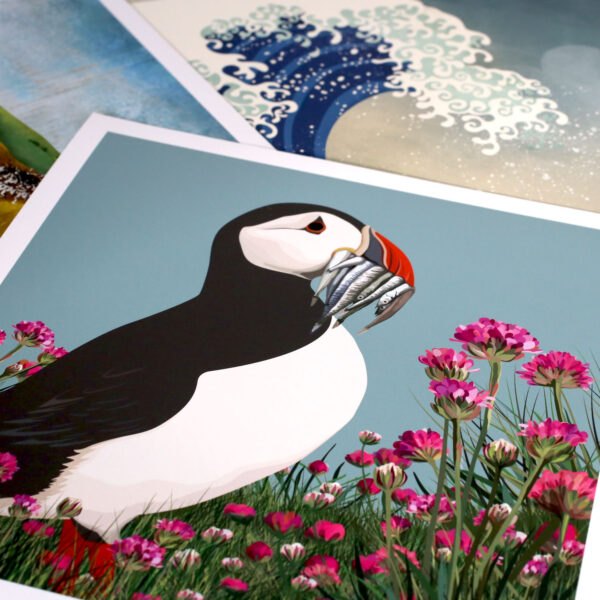 Puffin and sea thrift print by helen wyllie