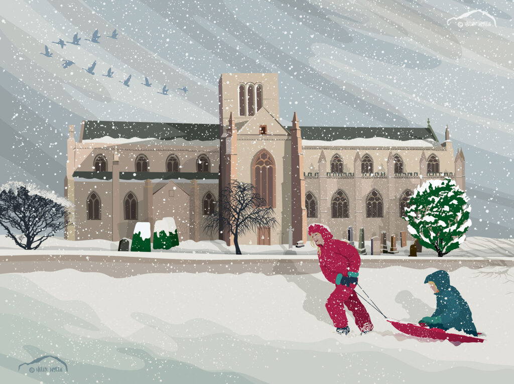 Sledging at St Mary's, Haddington by helen wyllie print greetings card