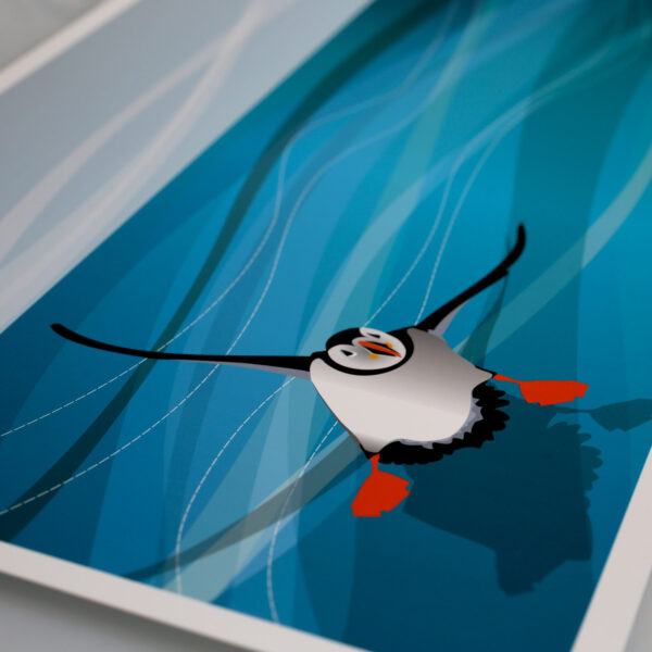 flying puffin print close up