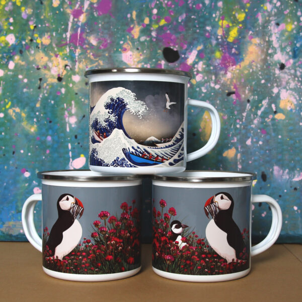 Enamel camping mug by helen wyllie puffin sea thrift and great wave off north berwick