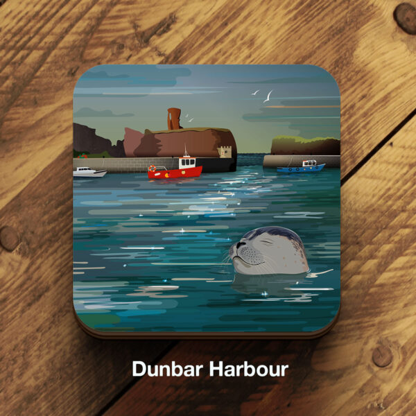 dunbar harbour with seal coaster