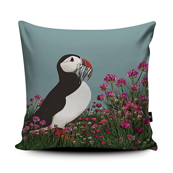 puffin seathrift cushion by helen wyllie